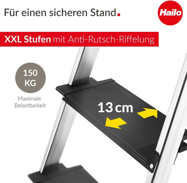 Hailo Stehleiter TopLine, 5 XXL-Sicherheits-Stufen bis 150kg, Aluminium Leiter mit ausziehbarem Halt