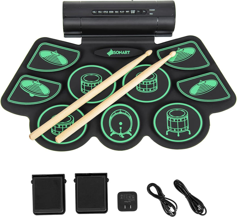 GOPLUS Elektronisches Schlagzeug mit 9 Pads, Sticks & Pedalen, Aufrollbares Schlagzeug-Set mit zwei