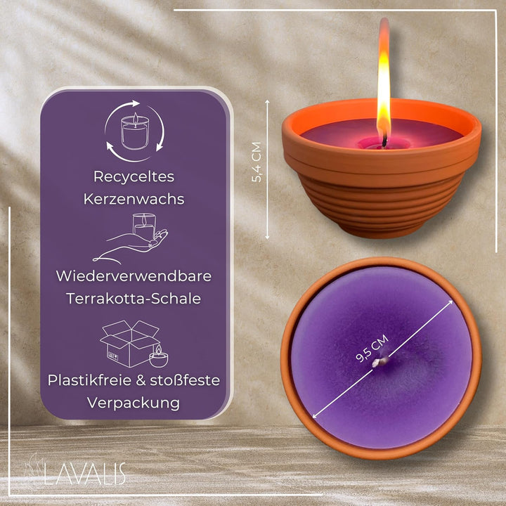 Lavalis 4X Lavendel Kerze mit Duft in Terrakotta-Schale, Alternative zu Citronella-Kerze, Handbefüll