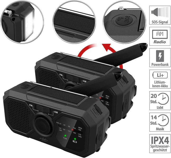 infactory Solar Kurbelradio: 2er-Set Solar- & Dynamo-Koffer-Radio, LED, SOS, Powerbank-Funktion (Kur