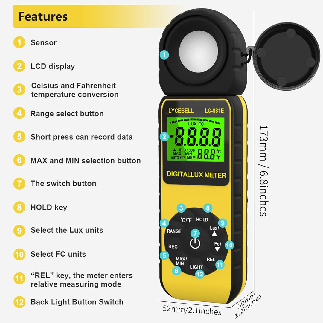 Digital Luxmeter, LC-881E Belichtungsmesser 0.1-300,000 Lux mit Hintergrundbeleuchtung, Lichtmessger