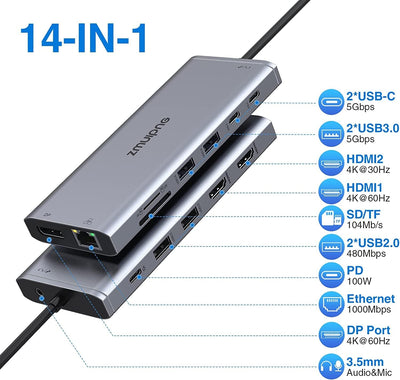 USB C Docking Station Dual Monitor,Triple Display USB C Hub, 14 in 1 Laptop Dockingstation mit 2*4K