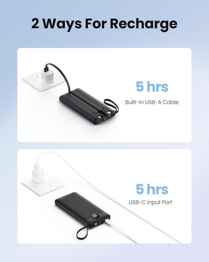 Power Bank mit Ladekabel, 10000mAh Tragbares Ladegerät USB C, 5 Ausgänge 2 Eingänge LED Display Exte