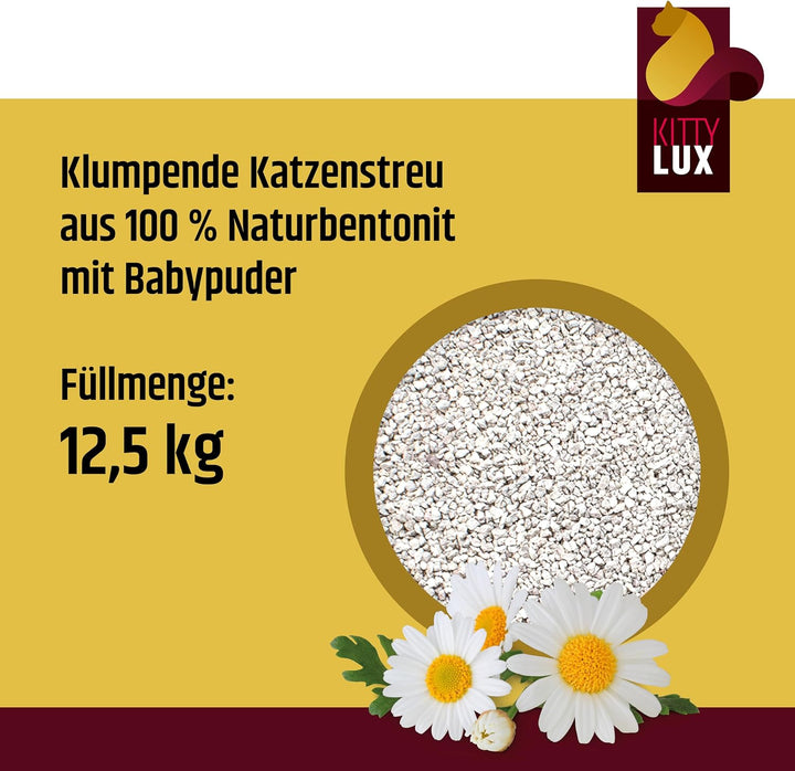 KittyLux klumpende Katzenstreu White Compact 12,5kg mit Babypuderduft für Sensible Katzen, Klumpstre