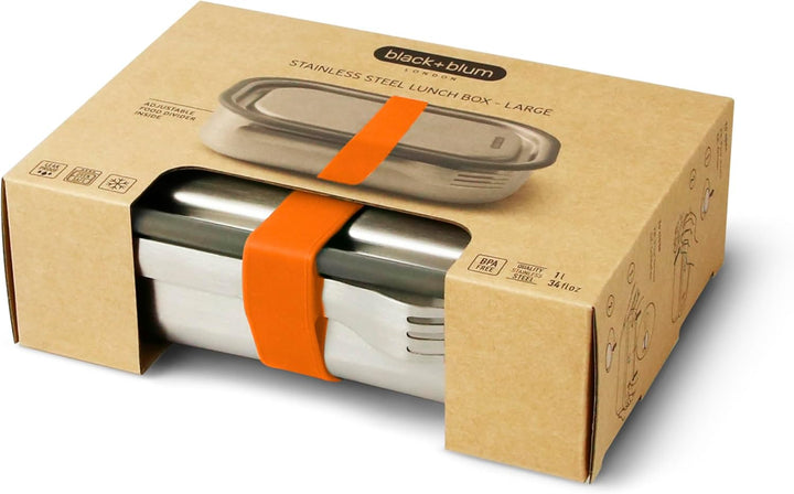 BLACK + BLUM Lunchbox Edelstahl 1L | Orange | 3-in-1 | Vakuumverschluss- 100% auslaufsicher | inkl.