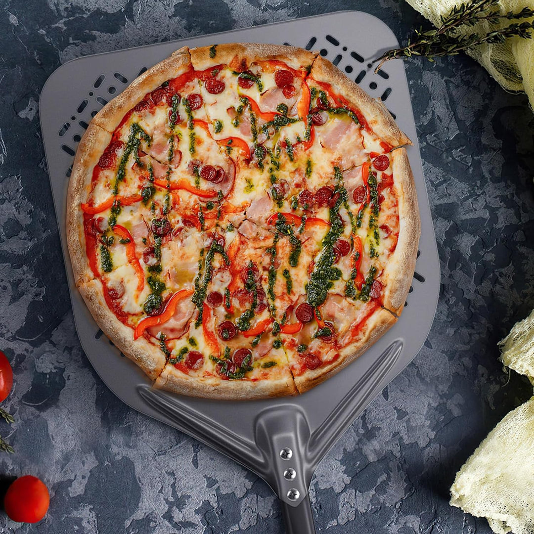 NUTUNI Pizzaschaufel, perforiert, 36 cm, Pizzaschaufel aus harteloxiertem Aluminium mit abnehmbarem