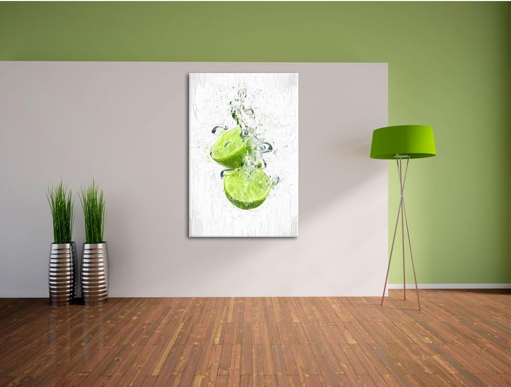 Pixxprint Limette fällt in Wasser / 100x70cm Leinwandbild bespannt auf Holzrahmen/Wandbild Kunstdruc
