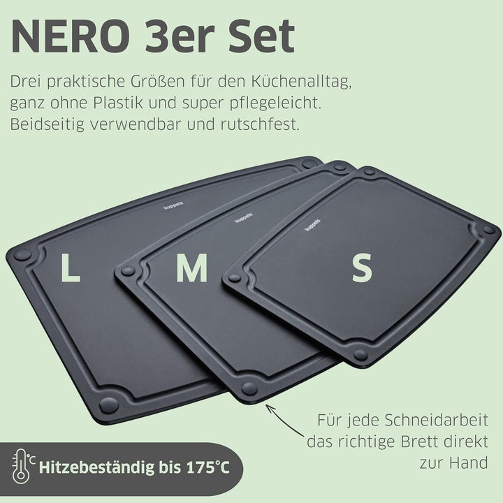 Kuppels NERO Holzfaser Schneidebrett Set 3-teilig, Küchenbretter ohne Plastik mit Saftrille und Sili