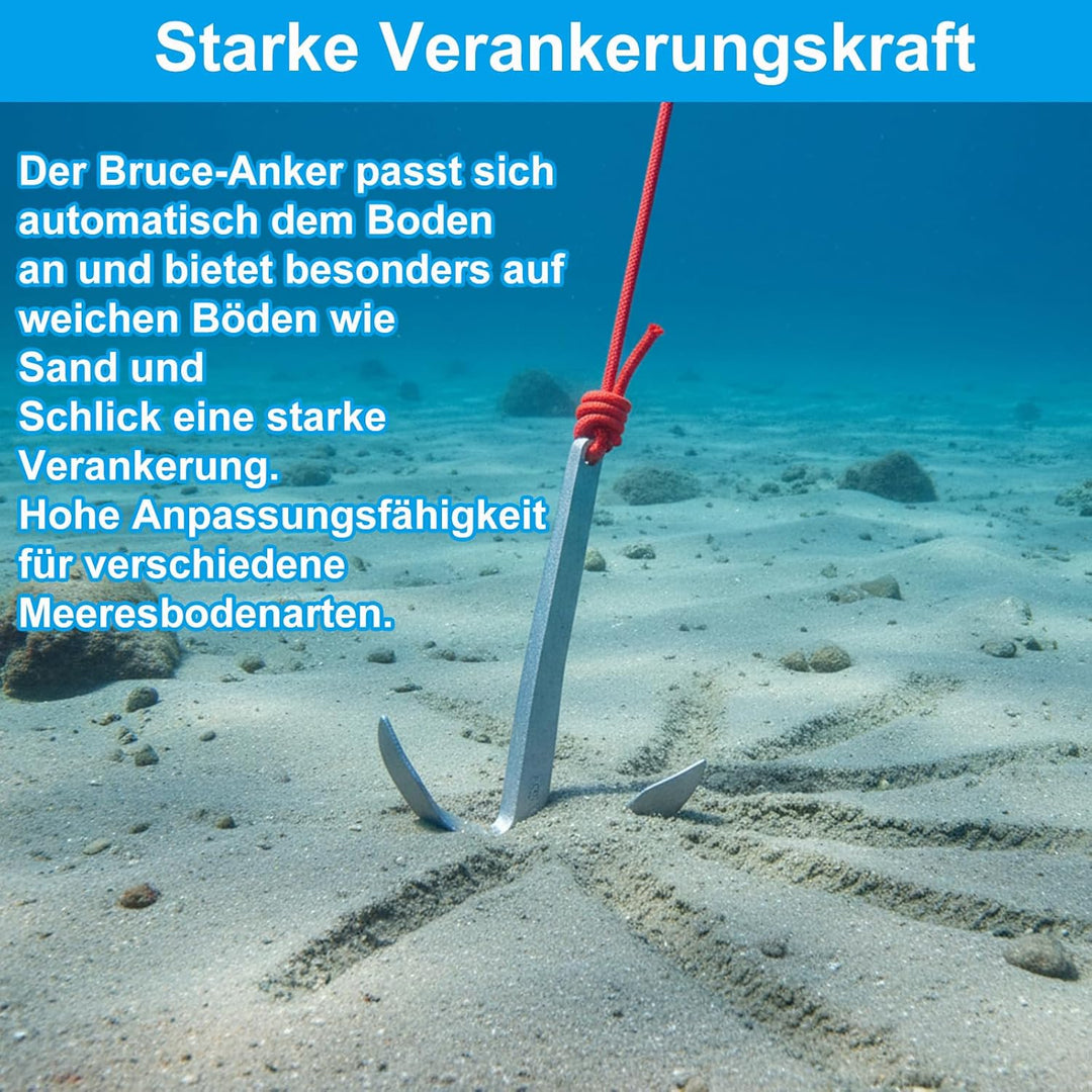 BeGrit 1KG Bruce Anker Stahl Verzinkt mit 10m reissfesten Ankerleine ø 6 mm &amp; Ankerboje Kugel Set fü
