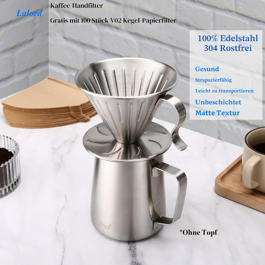 Pour Over Kaffeefilter, 304 Edelstahl mit 100 Stück Papierfilter Grösse 02 (Kaffee-Tropfer) Kaffee T
