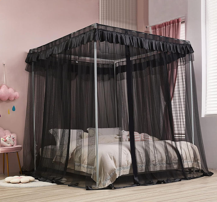 Mengersi Betthimmel, 4 Ecken, Bettvorhang, Netz, elegant, voll, schwarz, H199.4 x B134.6 cm (1er Pac
