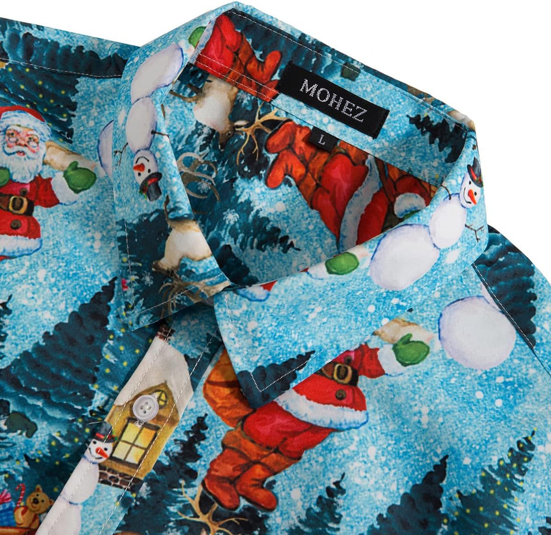 Herren Funky Christmas Print Weihnachtshemd Langarm Button Up Freizeithemd Rentier Santa Schnee Xmas
