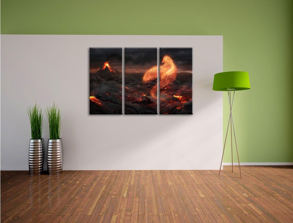 Pixxprint Brennender Phönix Vulkanlandschaft als Leinwandbild | Grösse: 3 Teilig (120x80) | Wandbild