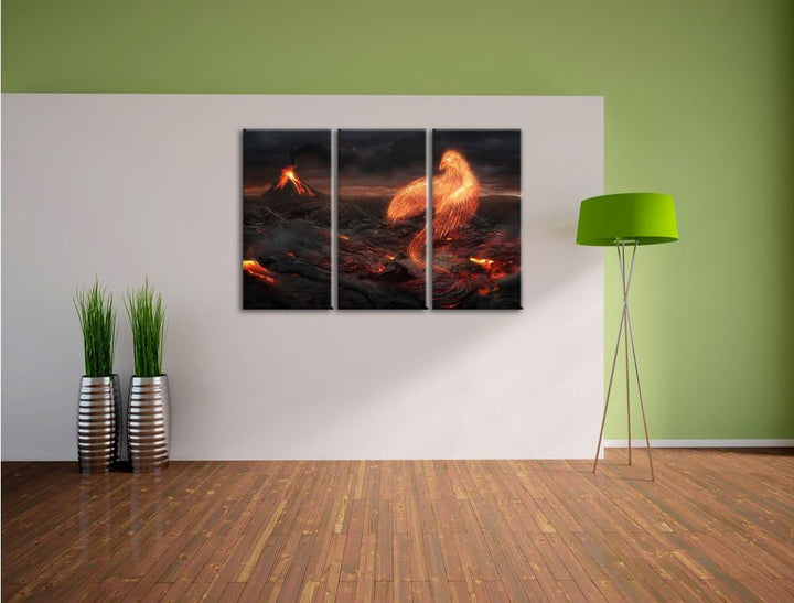 Pixxprint Brennender Phönix Vulkanlandschaft als Leinwandbild | Grösse: 3 Teilig (120x80) | Wandbild