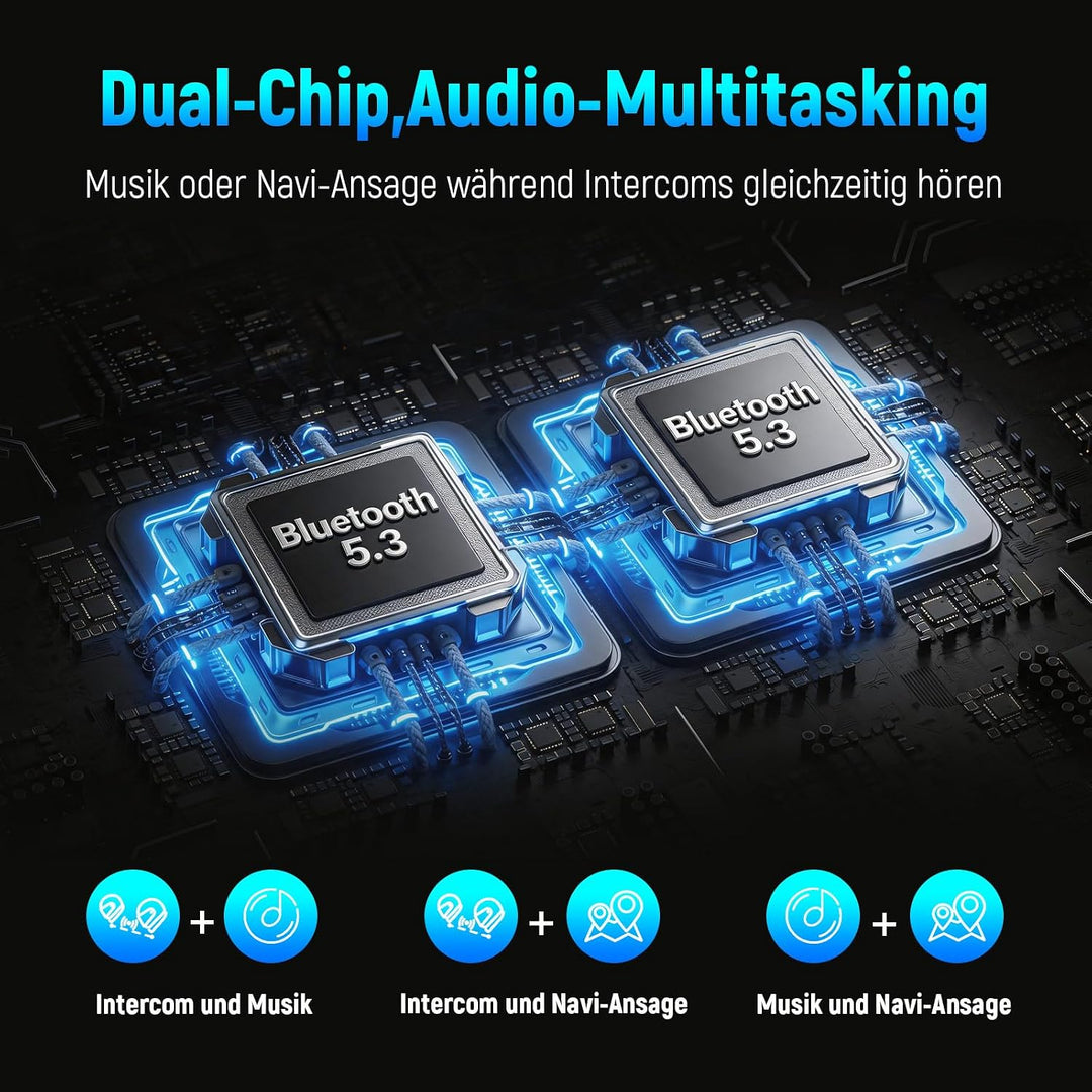 L2 Intercom Motorrad, 2-Wege-Kommunikationssytem mit Audio Multitasking | Helm Headset, Gleichzeitig