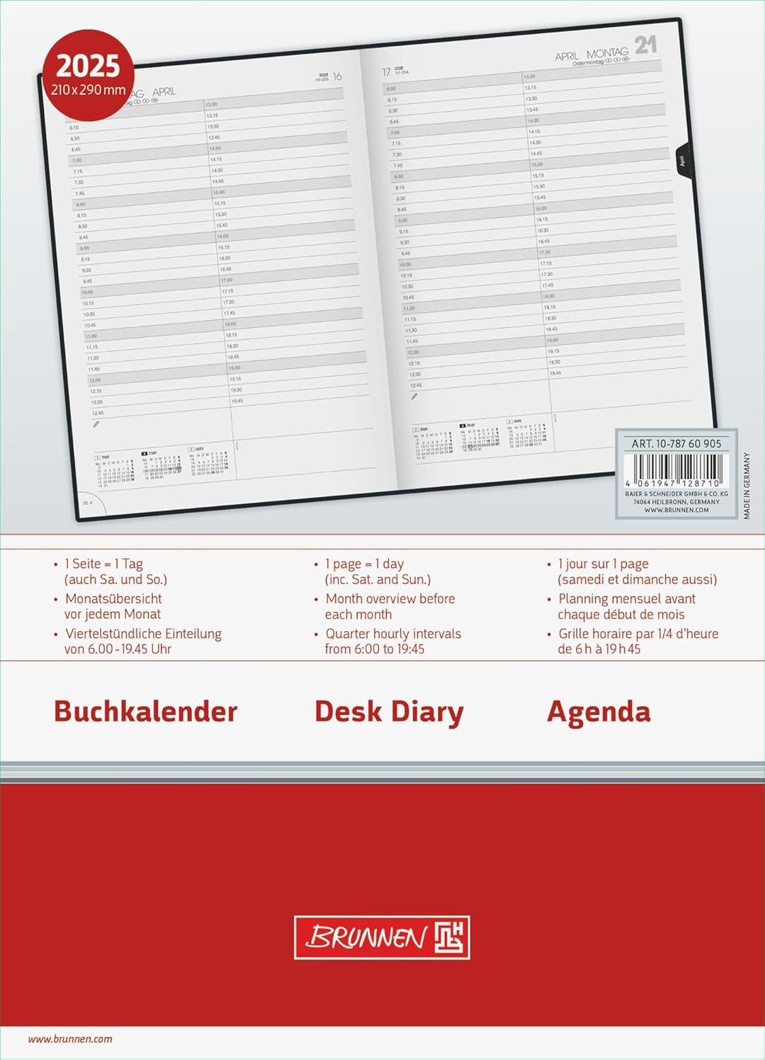 BRUNNEN Buchkalender Modell 787 (2025), 1 Seite = 1 Tag, A4, 416 Seiten, Balacron-Einband, schwarz