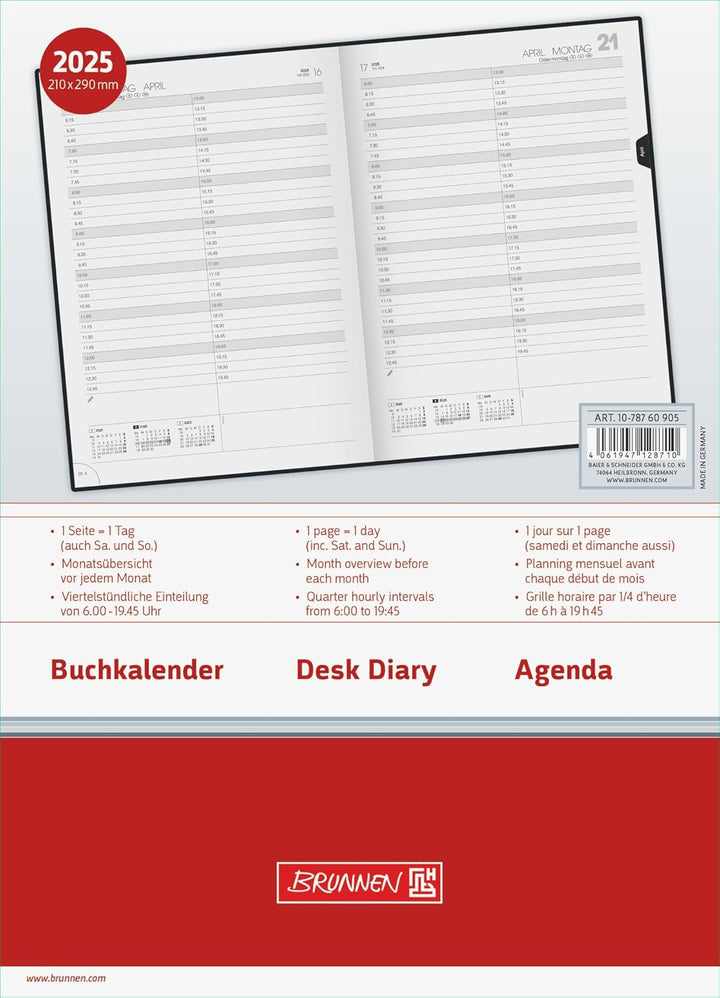 BRUNNEN Buchkalender Modell 787 (2025), 1 Seite = 1 Tag, A4, 416 Seiten, Balacron-Einband, schwarz
