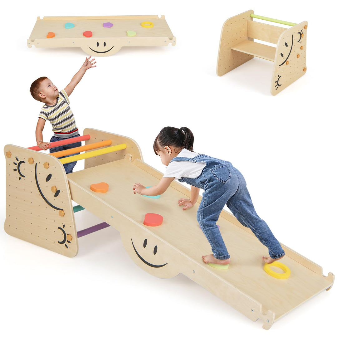 DREAMADE 6 in 1 Klettergerüst Indoor mit 2-seiteiger Rampe, Sprossendreieck Kletterspielzeug aus Hol