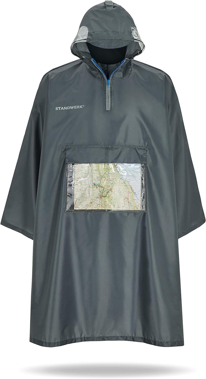 STANDWERK Regenponcho mit einzigartiger Navigationstasche und Sichtfenster fürs Wandern - Regencape