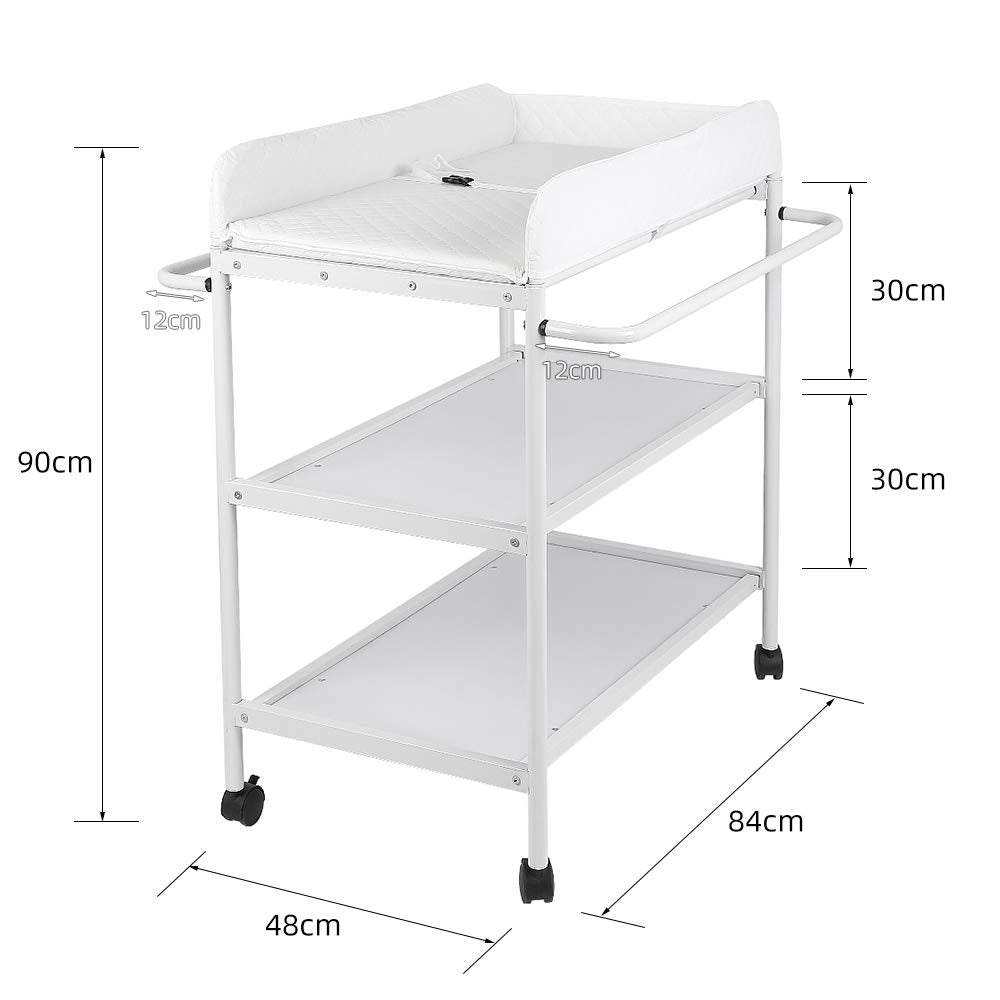 Tragbarer Wickeltisch mit Rollen, Multifunktionaler Wickelkommode, Weiss, 48×84×90 cm mit Rollen 48×