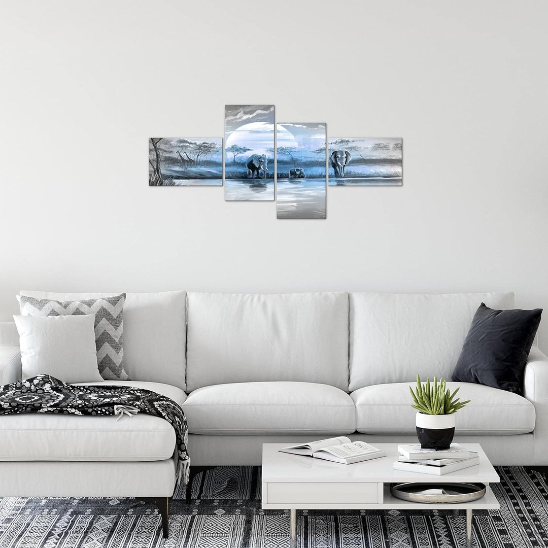 Runa Art Bild Modern Afrika Elefant - Made in Germany - Wandbilder Savanne Blau Grau 4 Teilig 000742