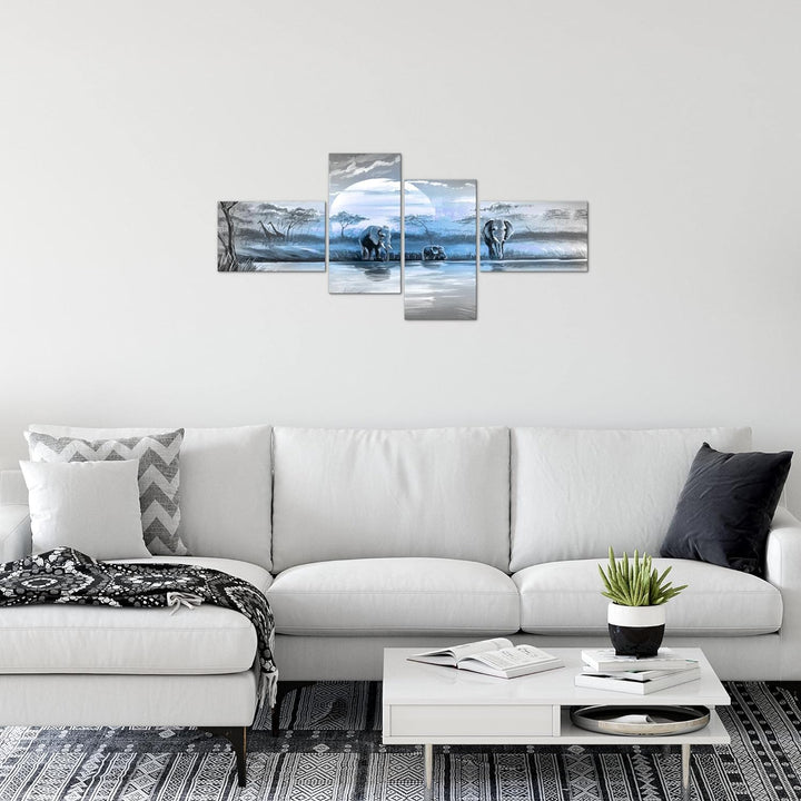 Runa Art Bild Modern Afrika Elefant - Made in Germany - Wandbilder Savanne Blau Grau 4 Teilig 000742