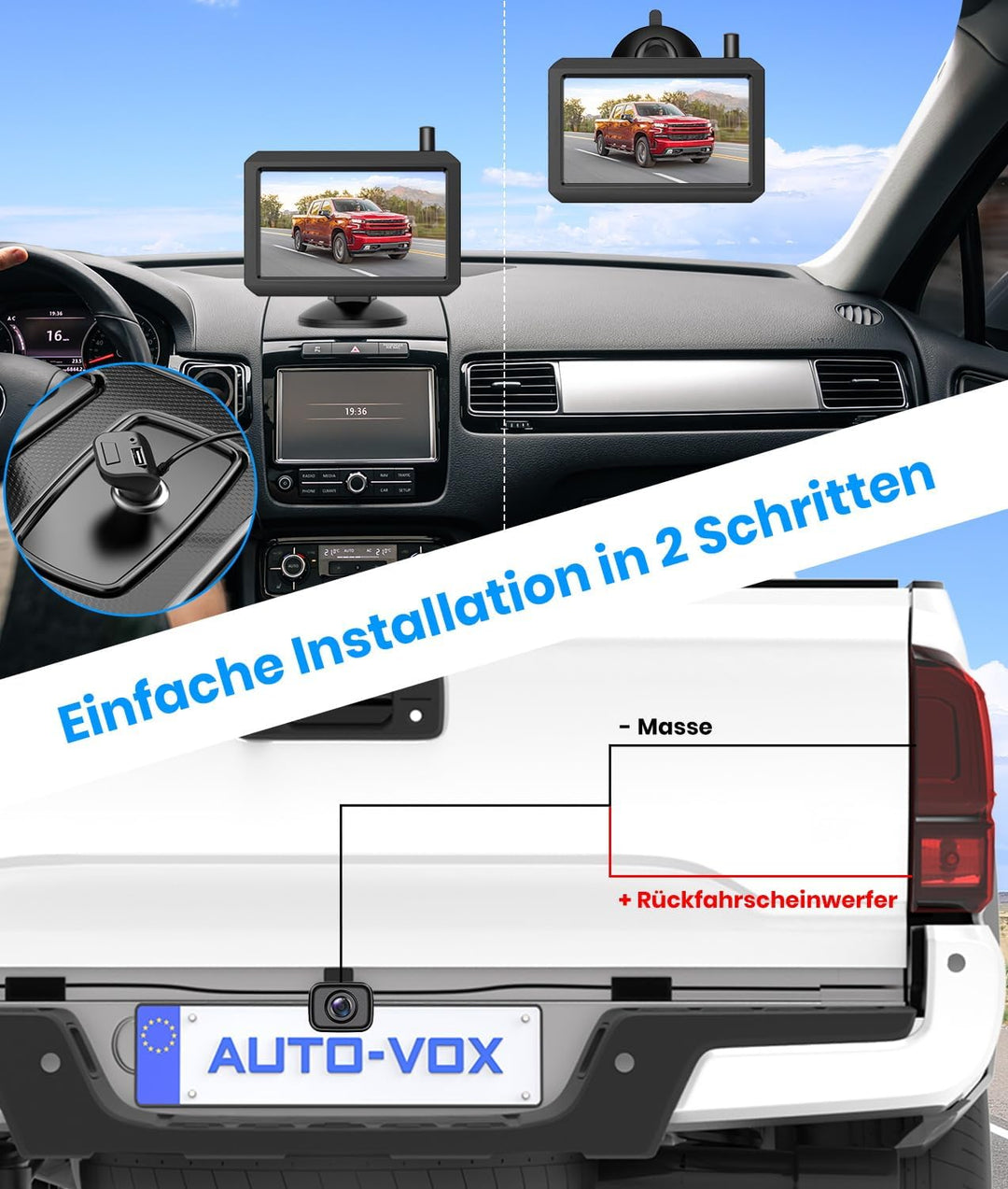 AUTO-VOX Rückfahrkamera kabellos Set: 5 Zoll HD Monitor, 30-Min-Montage, Stabiles Digitales Signal,