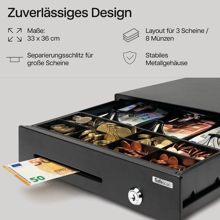 Safescan LD-3336 Light-Duty Kassenschublade mit 3 Fächern für Banknoten und 8 für Münzen - Kassenlad