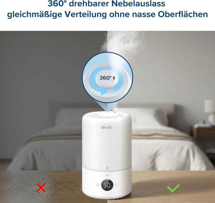 Levoit 19dB leise Top Fill Luftbefeuchter, 360° Drehdüse, Smart Humidifier, Raumluftbefeuchter, Auto