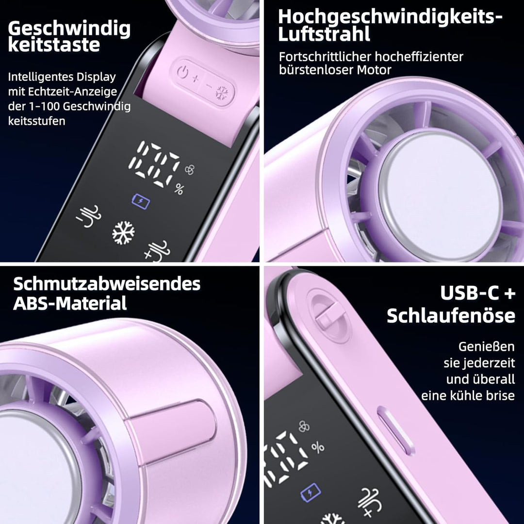 Handventilator Akku Aufladbar, Tragbarer Klein Turbo-Ventilator mit 100 Stufen Wind, 3-in-1 Mini Ven