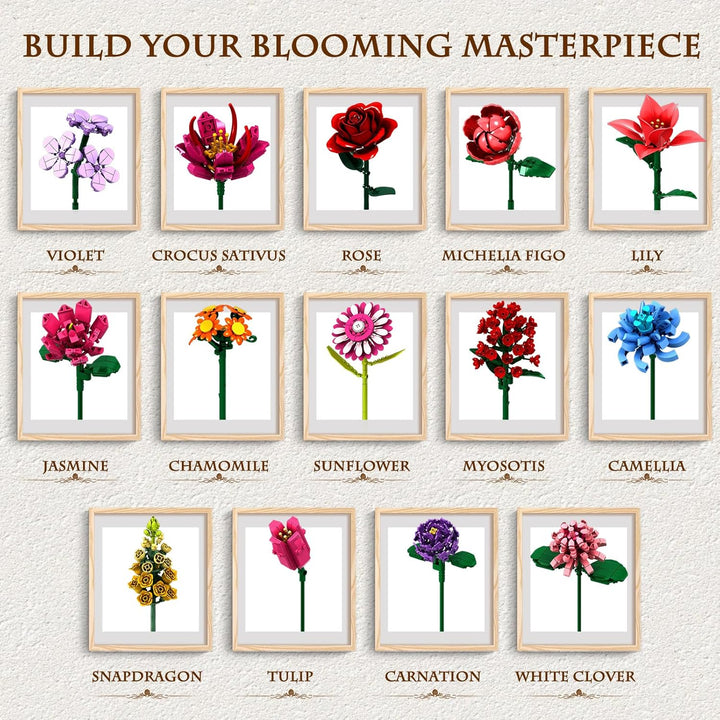 Blumen-Bausteine-Set, 1329 Teile, zeitloses Blumenstrauss-Set mit 14 verschiedenen Blumenarten, DIY-