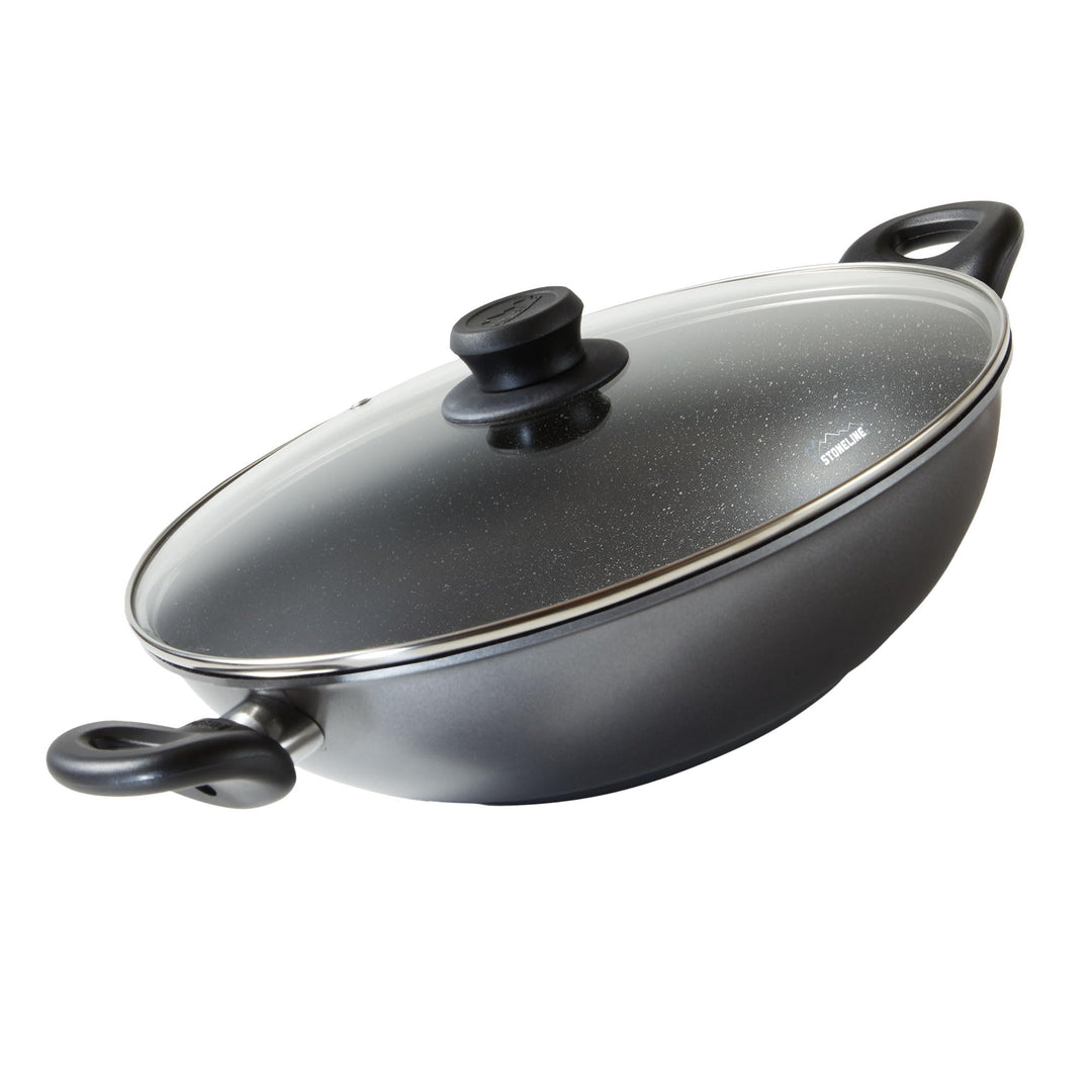 Stoneline Wok 28cm, mit Deckel, Aluguss, Wok Pfanne beschichtet mit echten Steinpartikeln, grau, ohn