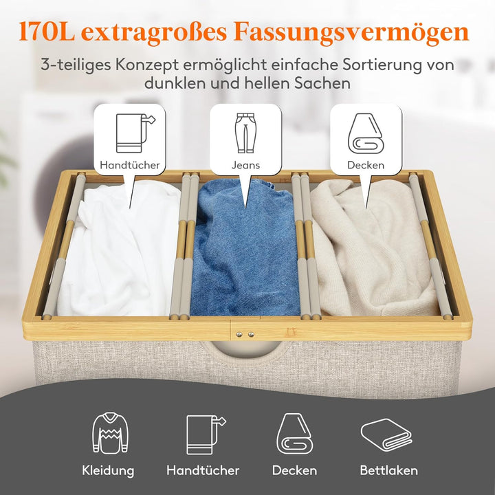 Lifewit 170L Bambus Wäschekorb mit Deckel, Faltbar Wäschesammler 3 Fächer Wäschesortierer mit Abnehm