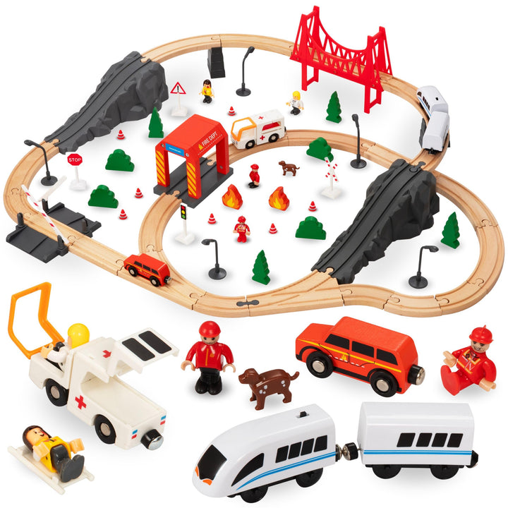 Mamabrum Holzeisenbahn Brücke Zug Feuerwehr, Eisenbahn Set für Kinder 3+, 19 Elemente, Lokomotive, B