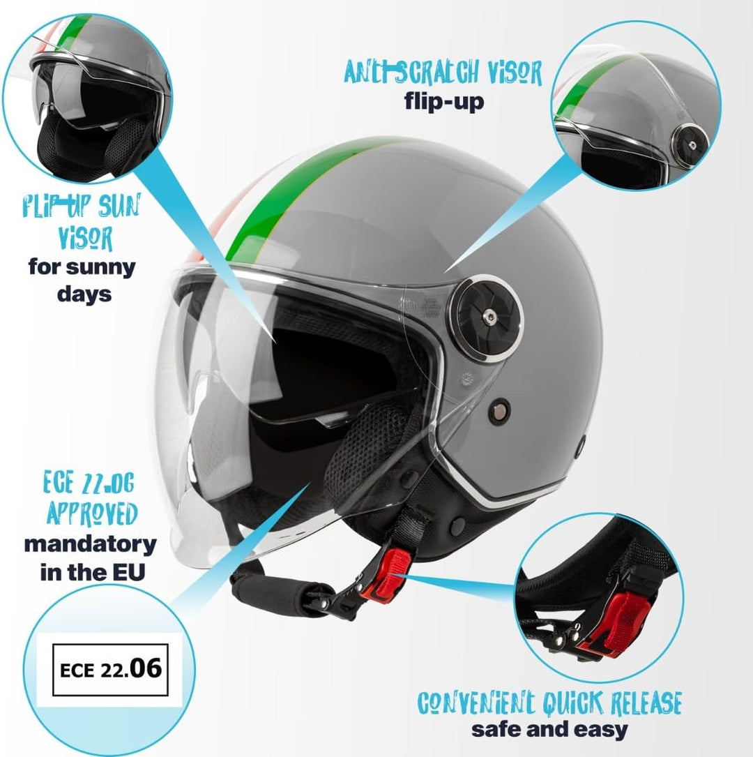 VINZ Neiva Jethelm mit Doppelvisier | Roller Helm mit Italienische Flagge &amp; mit Sonnenblende | In Gr