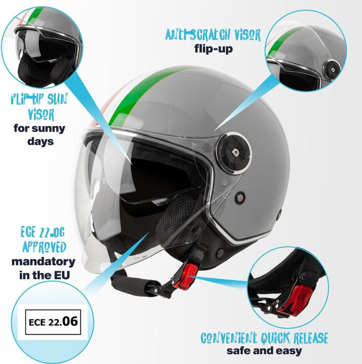VINZ Neiva Jethelm mit Doppelvisier | Roller Helm mit Italienische Flagge &amp; mit Sonnenblende | In Gr