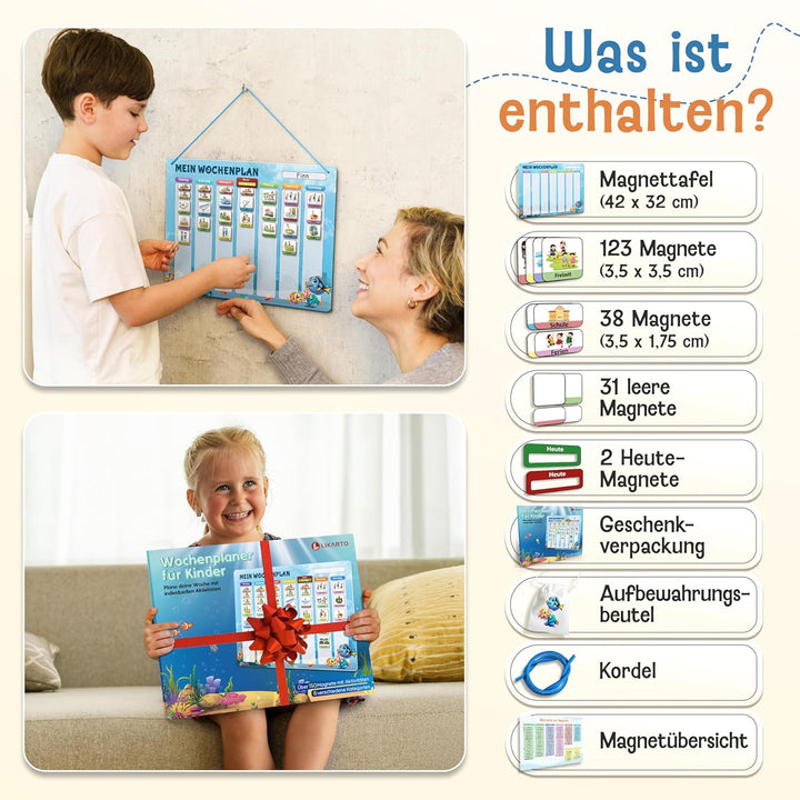 LIKARTO Wochenplaner Kinder – [DAS ORIGINAL] – Montessori Aufgabenplaner & Magnettafel – individuell