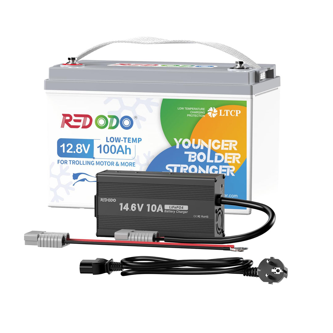 Redodo 12V 100Ah LiFePO4 Batterie mit 10A Ladegerät, Niedertemperaturschutz, Trolling-Motor Batterie