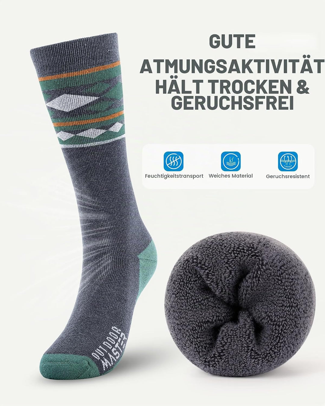 OutdoorMaster 2 Paar Unisex Merinowolle Skisocken für Damen &amp; Herren, Winter Snowboarding Atmungsakt
