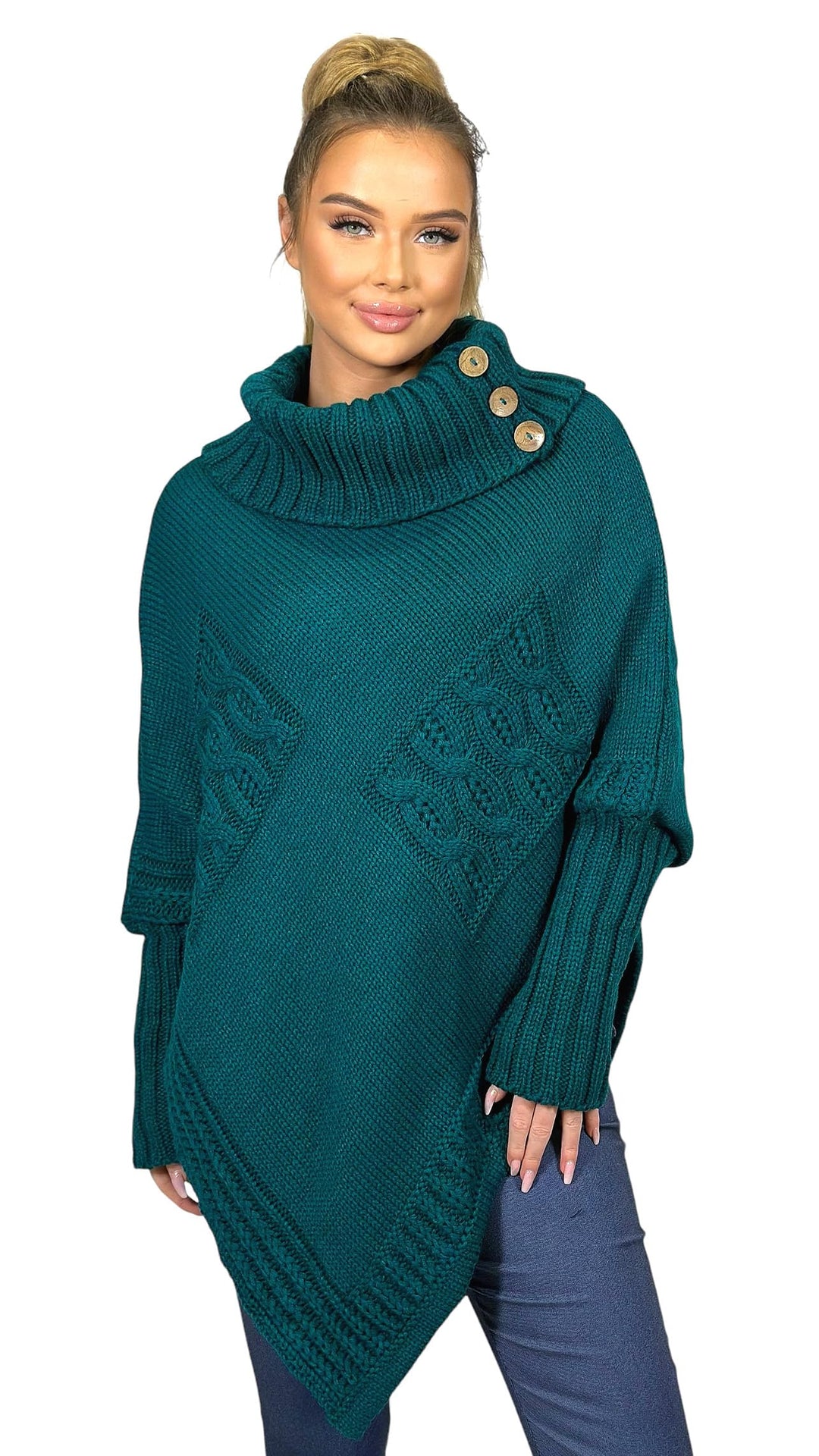 Mississhop Poncho Strick Sweatshirt Pullover Umhang Überwurf Einheitsgrösse Petrol, Einheitsgrösse P