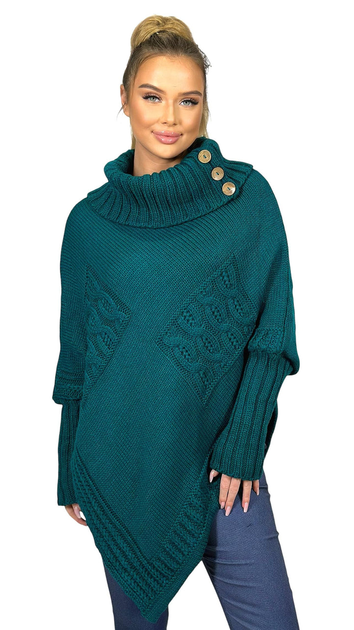 Mississhop Poncho Strick Sweatshirt Pullover Umhang Überwurf Einheitsgrösse Petrol, Einheitsgrösse P