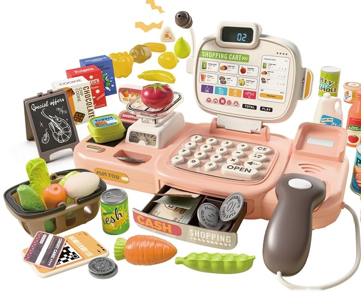 Kinder Spielkasse mit Scanner und Sound, Kaufladen-Spielzeugkasse, 72 Zubehör (Rechner, POS, Spielge