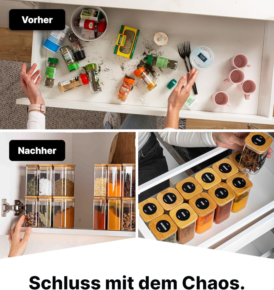 Deco haus® Gewürzgläser Eckig mit Holzdeckel 12er Set [+Gewürzetiketten] - Gewürzbehälter Glas 280ml