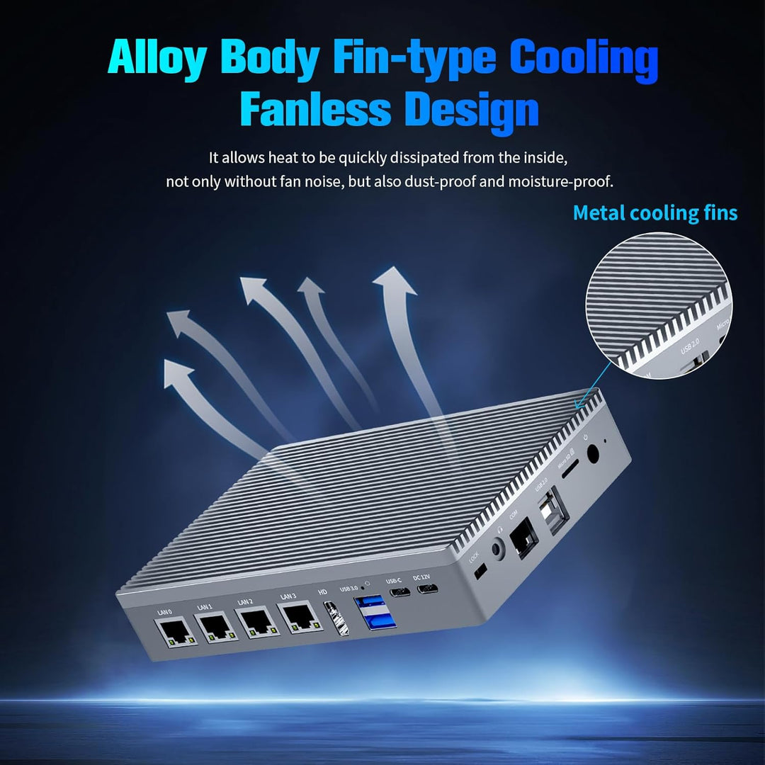Micro Firewall N100 12TH Gen Fanless Mini PC(3.4 GHz) 8GB RAM 128GB eMMC, Type-C USB3.2, 4 x 2.5Gbe