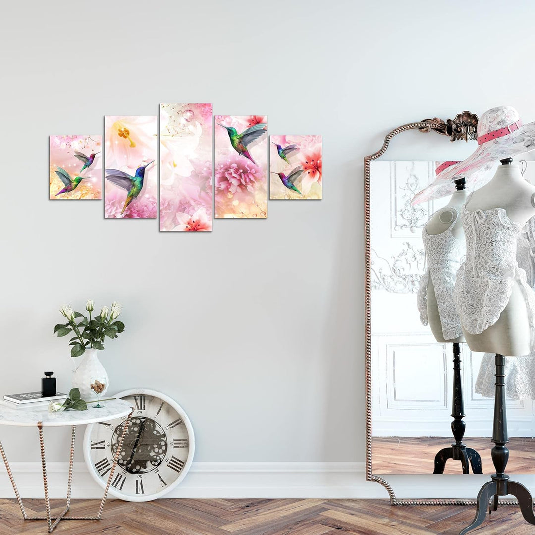 Runa Art Wandbilder Blumen Kolibri 5 Teilig Bild auf Vlies Leinwand Deko Wohnzimmer Vintage Rosa Bun