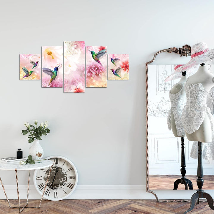 Runa Art Wandbilder Blumen Kolibri 5 Teilig Bild auf Vlies Leinwand Deko Wohnzimmer Vintage Rosa Bun