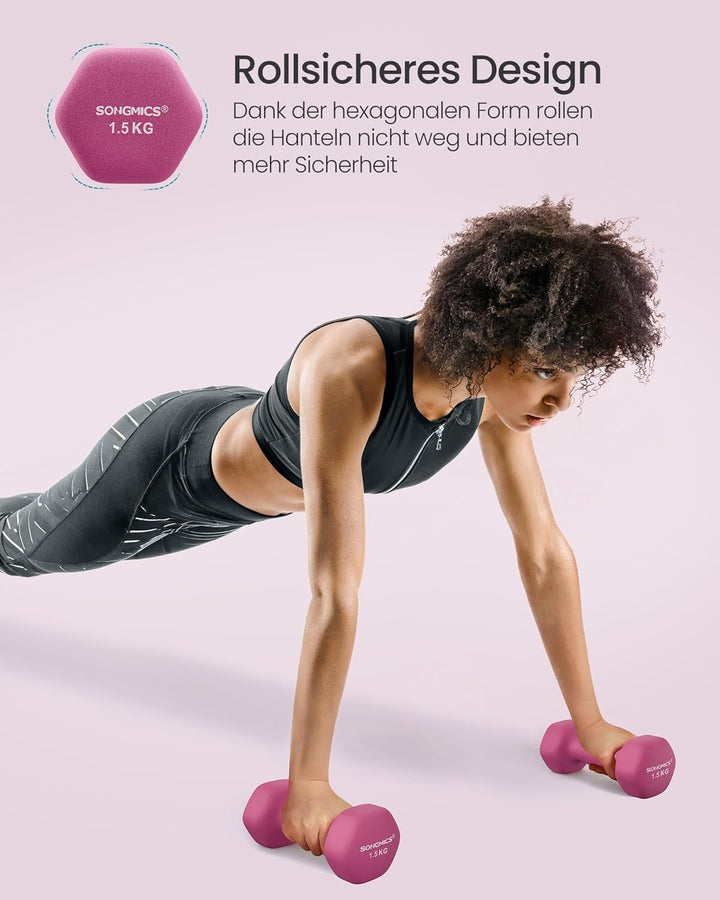 SONGMICS Kurzhantel Set, Hexagon, mit Hantelständer, 2 x 1 kg, 2 x 1,5 kg, 2 x 2 kg, mattes Finish,