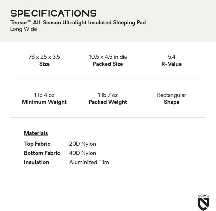 NEMO Equipment Tensor Ultraleichte Isolierte Allwetter-Schlafmatratze - Lang und Breit (193 x 63,5 c