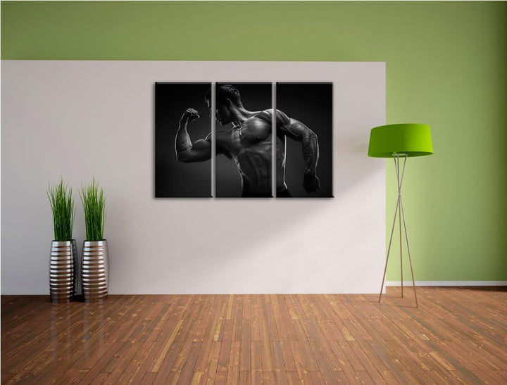 Dark Posender Bodybuilder schwarz/weiss 3-Teiler Leinwandbild 120x80 Bild auf Leinwand, XXL riesige