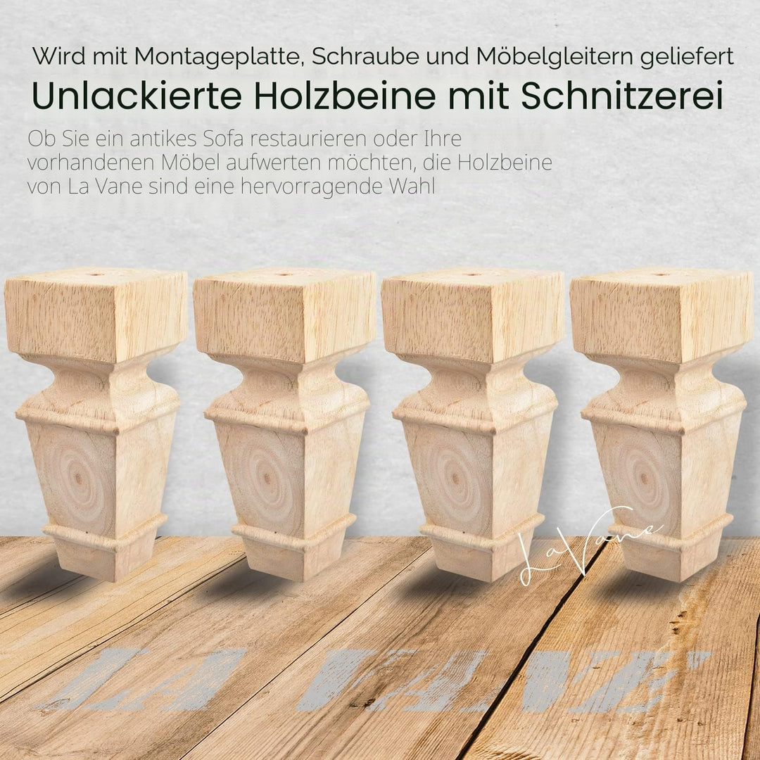 La Vane Möbelbeine aus Holz, geschnitzte Geometrie, unlackiert, Ersatzfüsse mit Montageplatte und Sc